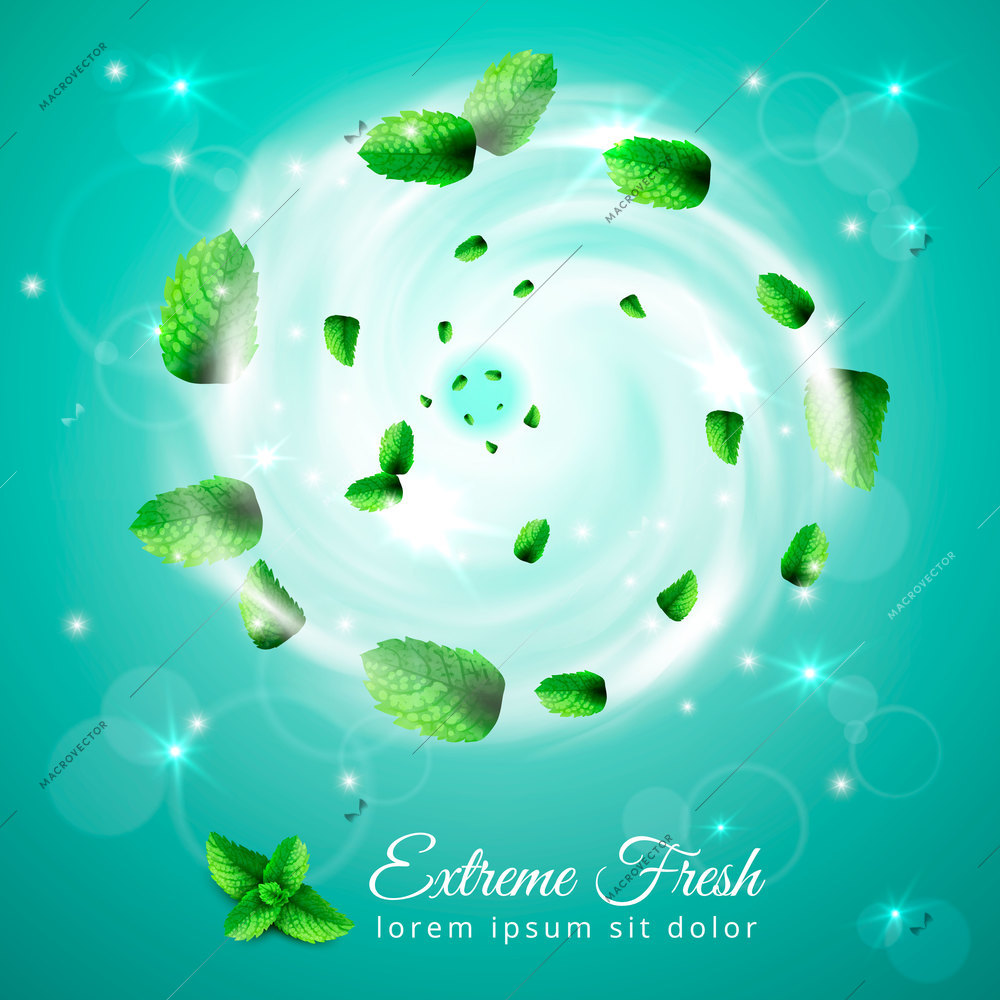 Mint tornado vortex realistic set composition with spiral of fresh green leaves text and glowing particles vector illustration