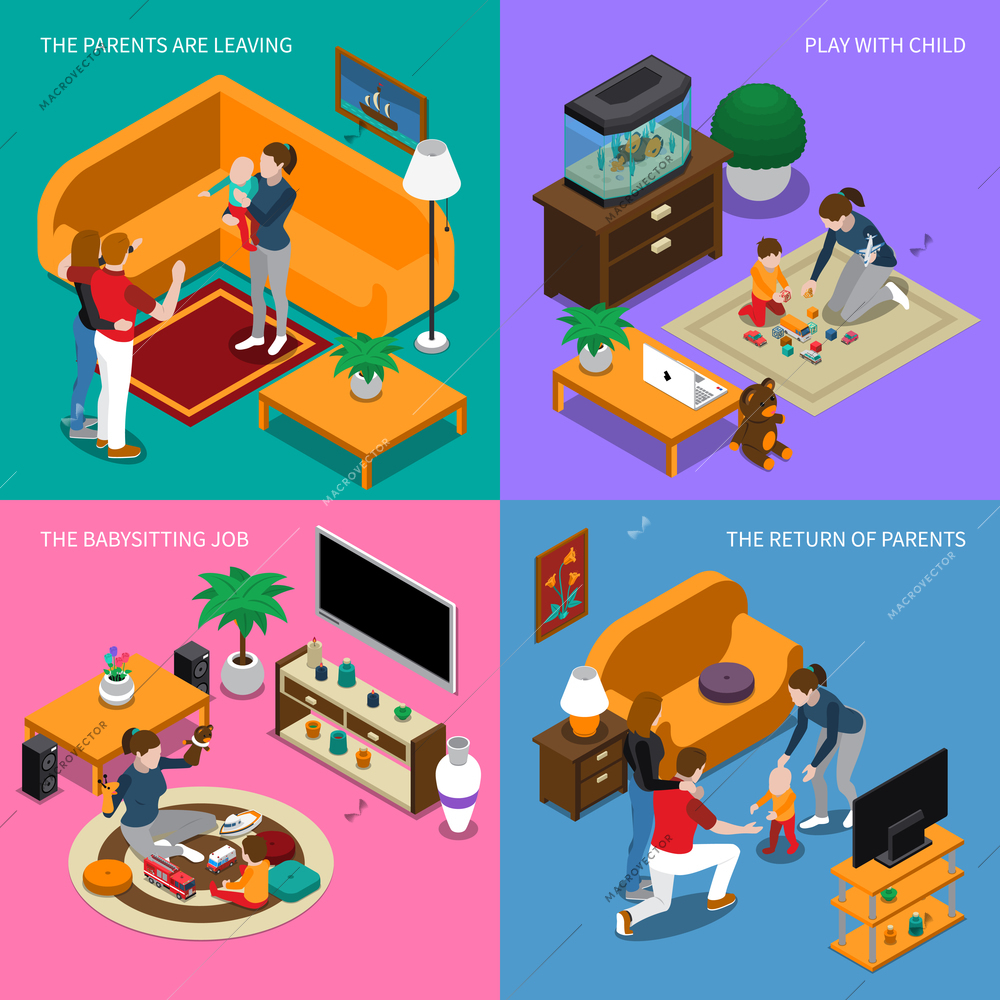 Baby sitter job, parents leaving and returning home, nanny plays with child, isometric concept isolated vector illustration