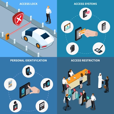 Access lock, personal identification, protection systems and admission restriction, isometric design concept, isolated vector illustration