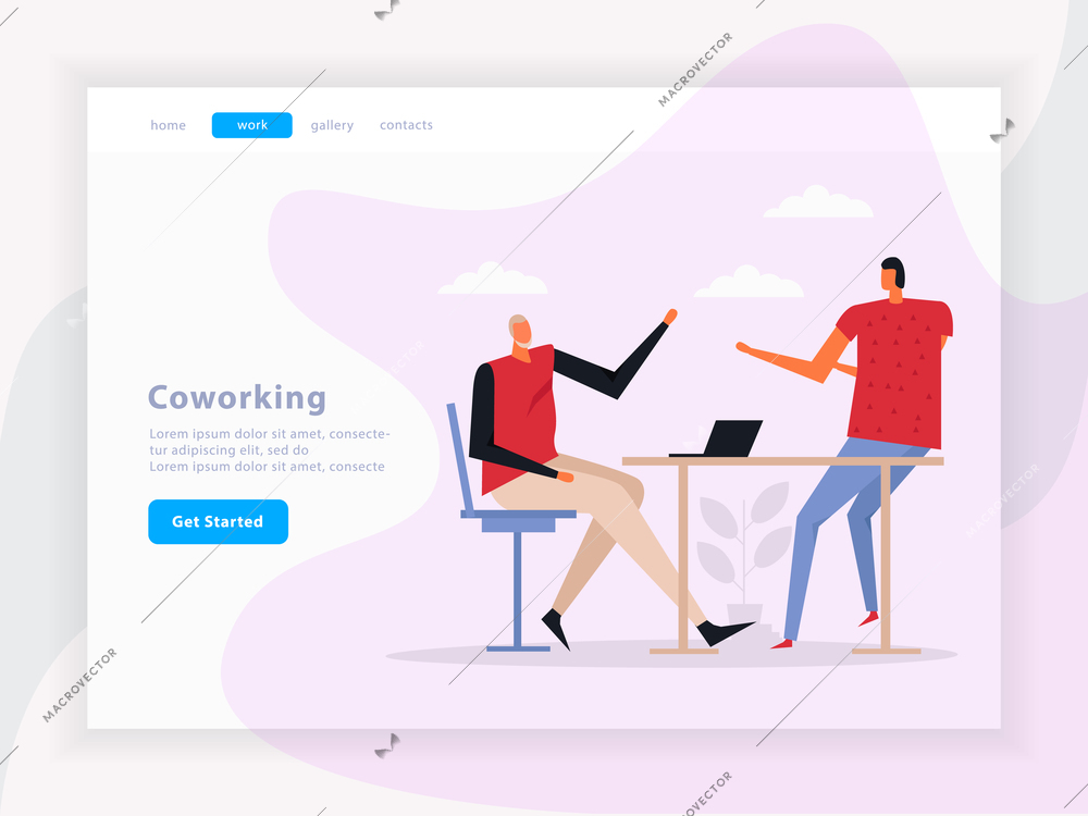 Coworking landing page with team work composition, graphic interface elements on light background flat vector illustration