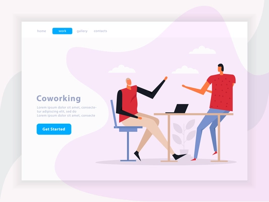 Coworking landing page with team work composition, graphic interface elements on light background flat vector illustration