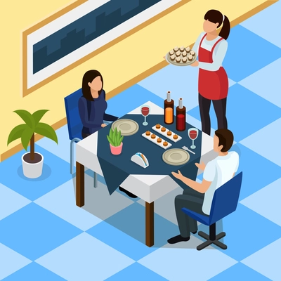 Catering isometric background with couple at restaurant table, waitress with snacks on tray vector illustration