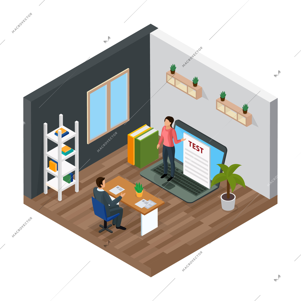 E-learning, student and teacher during online knowledge test isometric composition vector illustration