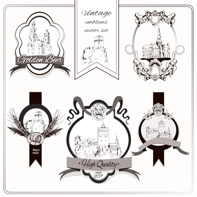 Old city buildings sketch decorative emblems set isolated vector illustration