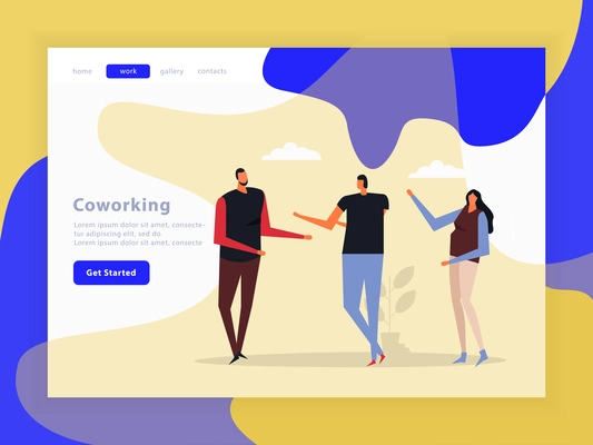 Coworking landing page with creative team, interface elements, menu, buttons on color background, flat vector illustration