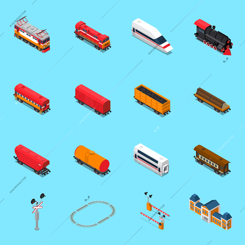 Isometric rail road elements including locomotives, passenger and freight wagons, traffic sign, station isolated vector illustration
