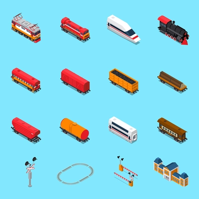 Isometric rail road elements including locomotives, passenger and freight wagons, traffic sign, station isolated vector illustration