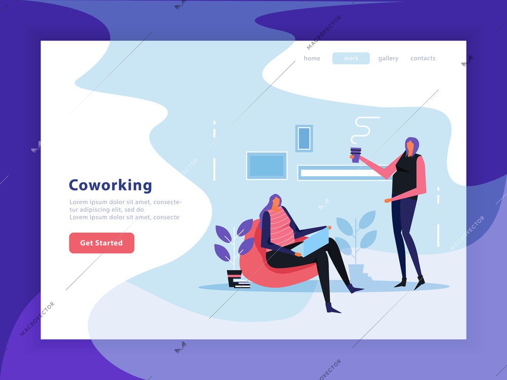 Coworking landing page with interface elements of web site, female creative team flat vector illustration