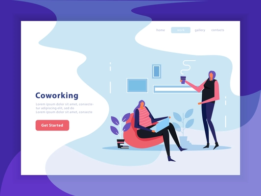 Coworking landing page with interface elements of web site, female creative team flat vector illustration