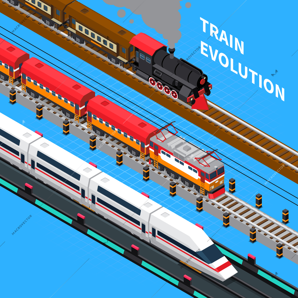 Train evolution from retro to rail road vehicle of future isometric composition on blue background vector illustration