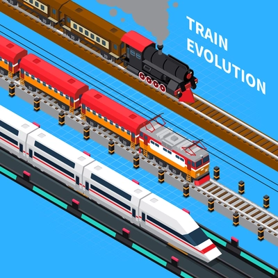 Train evolution from retro to rail road vehicle of future isometric composition on blue background vector illustration