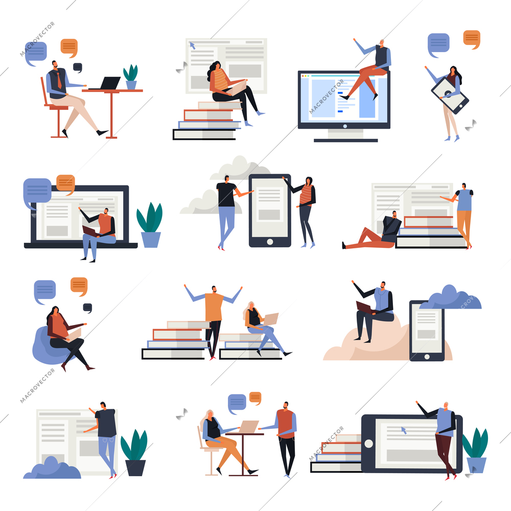 Online education flat icons with persons during communications, knowledge on screens of electronic devices, isolated vector illustration