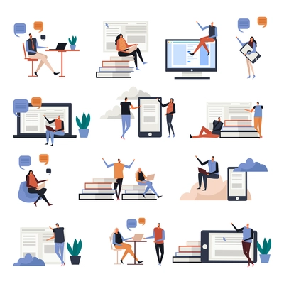 Online education flat icons with persons during communications, knowledge on screens of electronic devices, isolated vector illustration