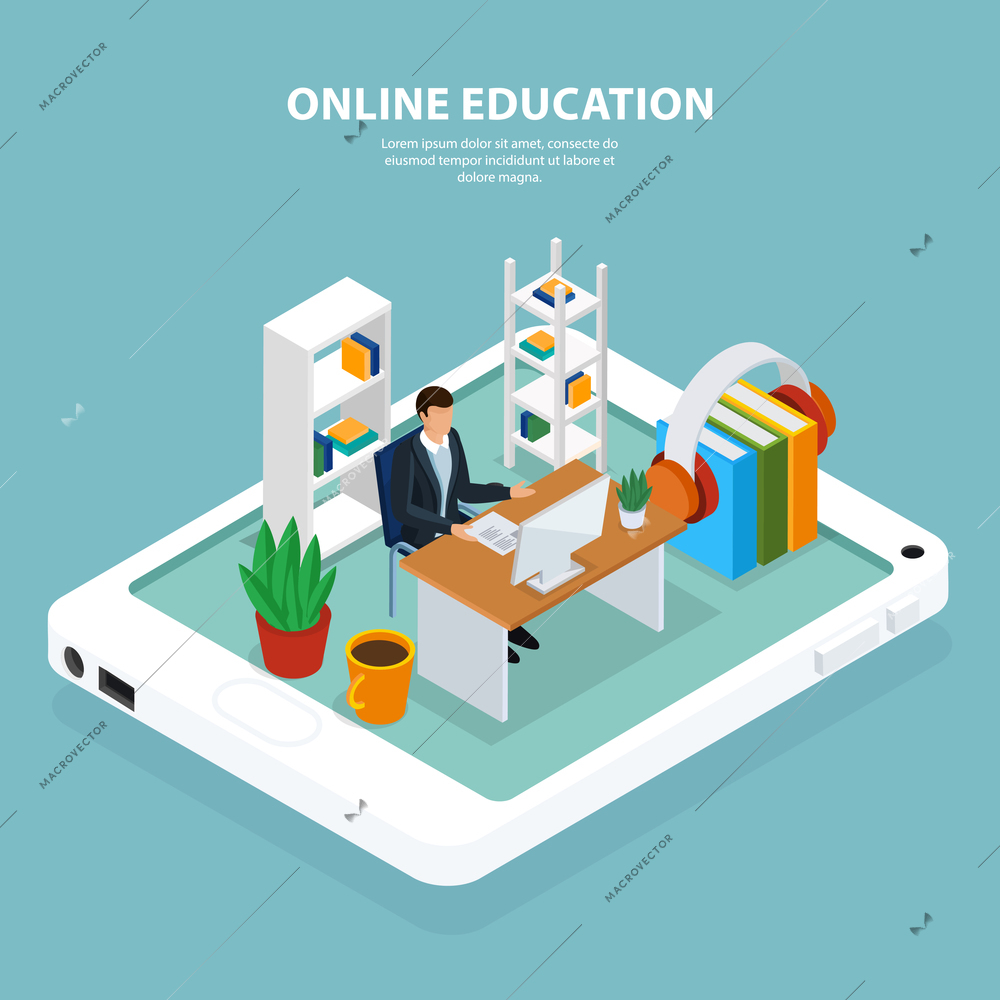 Learner at computer during online education, interior objects on mobile device screen, turquoise background, isometric vector illustration