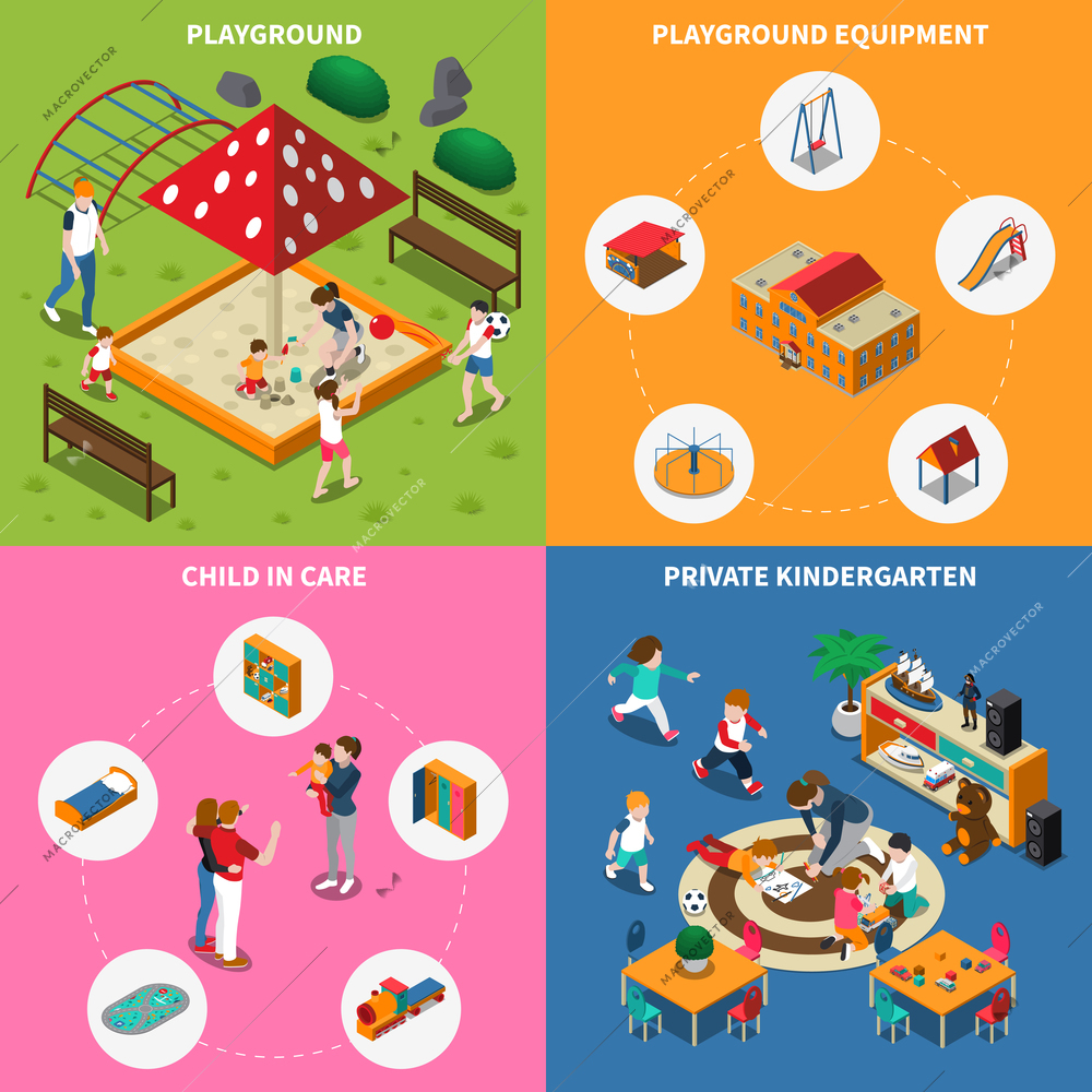 Kids outdoor games, equipment of play ground, child in care, private kindergarten, isometric concept, isolated vector illustration