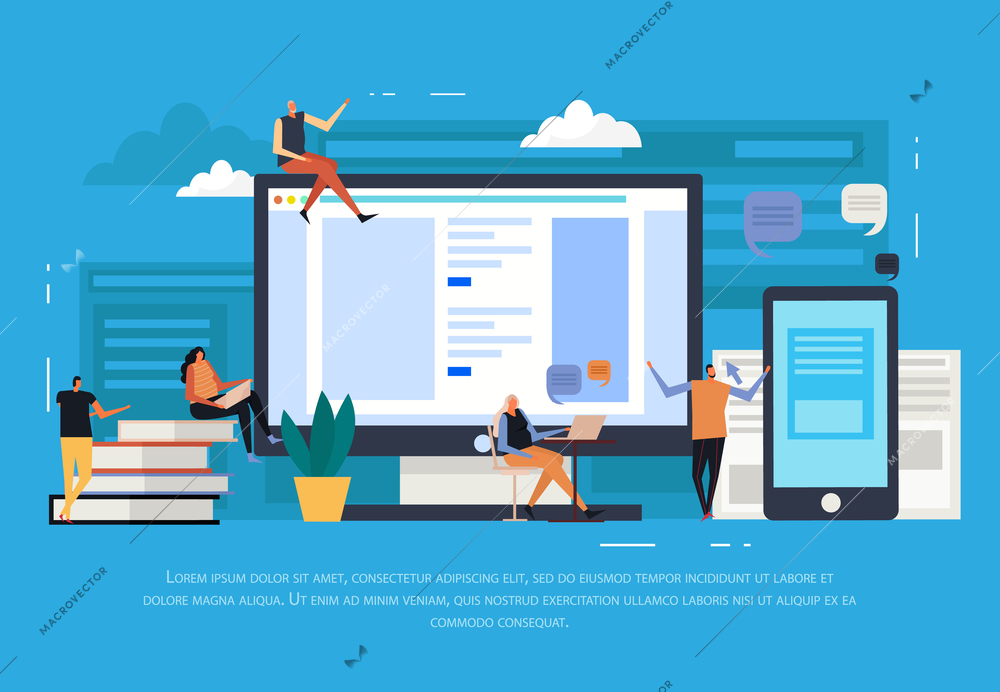 E-learning, persons, electronic devices, books, clouds and speech bubbles on blue background flat vector illustration