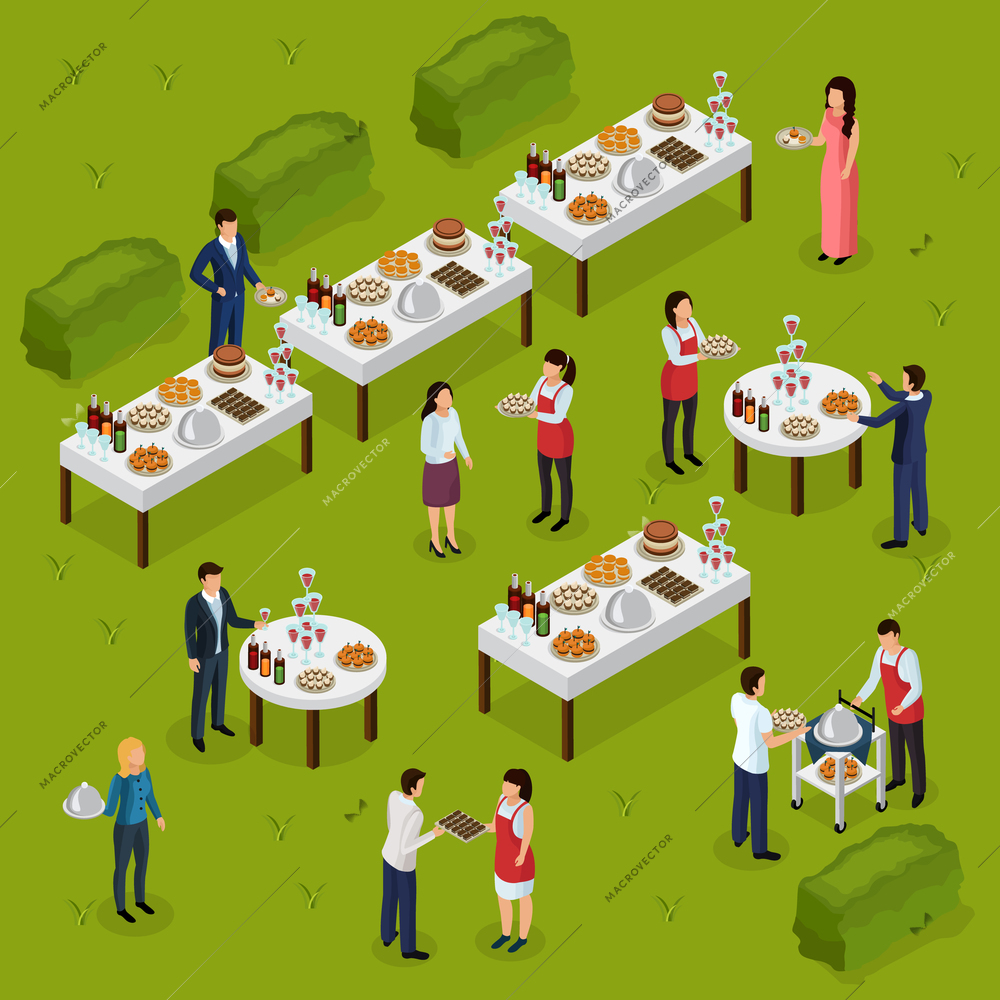 Catering isometric composition banquet at outdoor, feast tables, staff on green background vector illustration