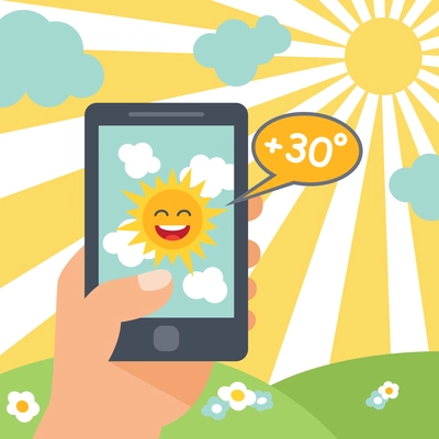 Weather forecast heat smart phone poster with smiling sun vector illustration