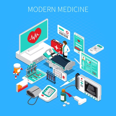 Modern medicine isometric composition on blue background with doctor and patient, medical devices and drugs vector illustration