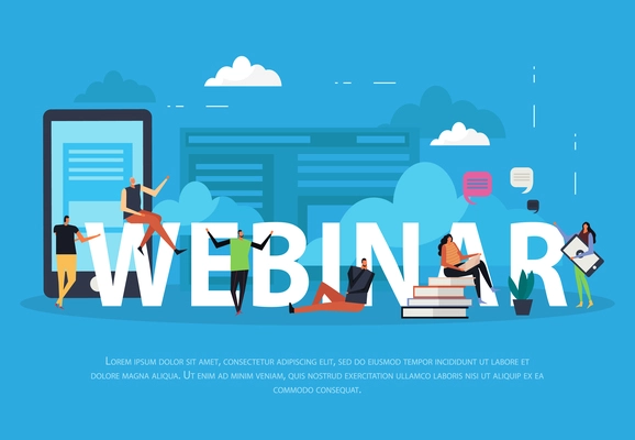 E-learning webinar flat landing page on blue background with human characters, clouds and bubbles vector illustration