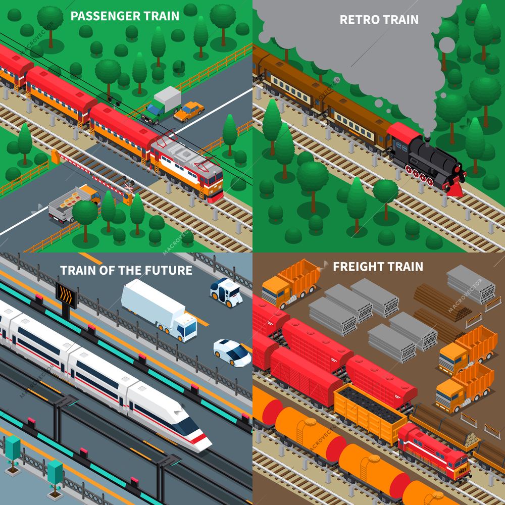 Passenger and freight trains, modern and retro transport, rail road infrastructure, isometric design concept isolated vector illustration