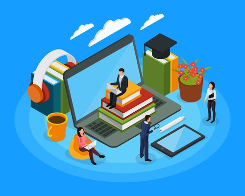 E-learning isometric composition with audio books, human characters with mobile devices on blue background vector illustration