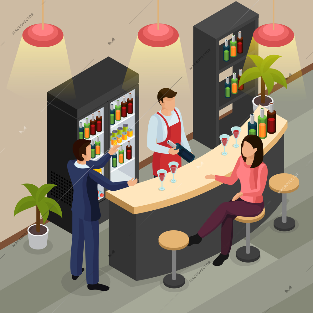 Bar restaurant isometric background, bartender with wine bottle, customers near counter, interior elements vector illustration