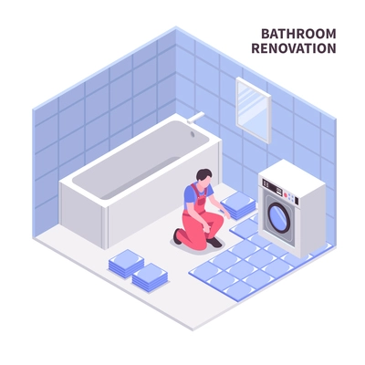 Bath room repair isometric composition in white blue color with laying tiles, sanitary equipment, vector illustration