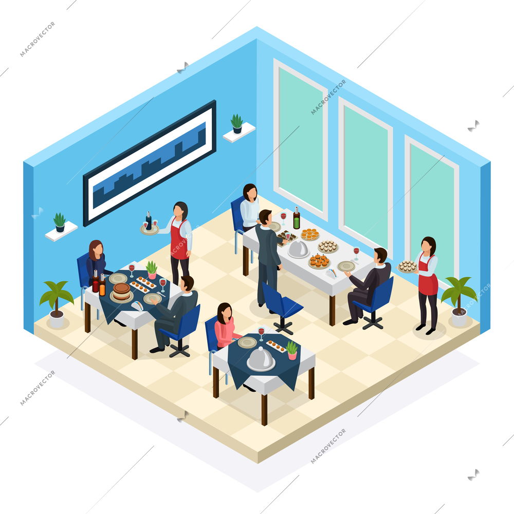 Restaurant service isometric composition with waitresses and clients at tables with food and drink vector illustration