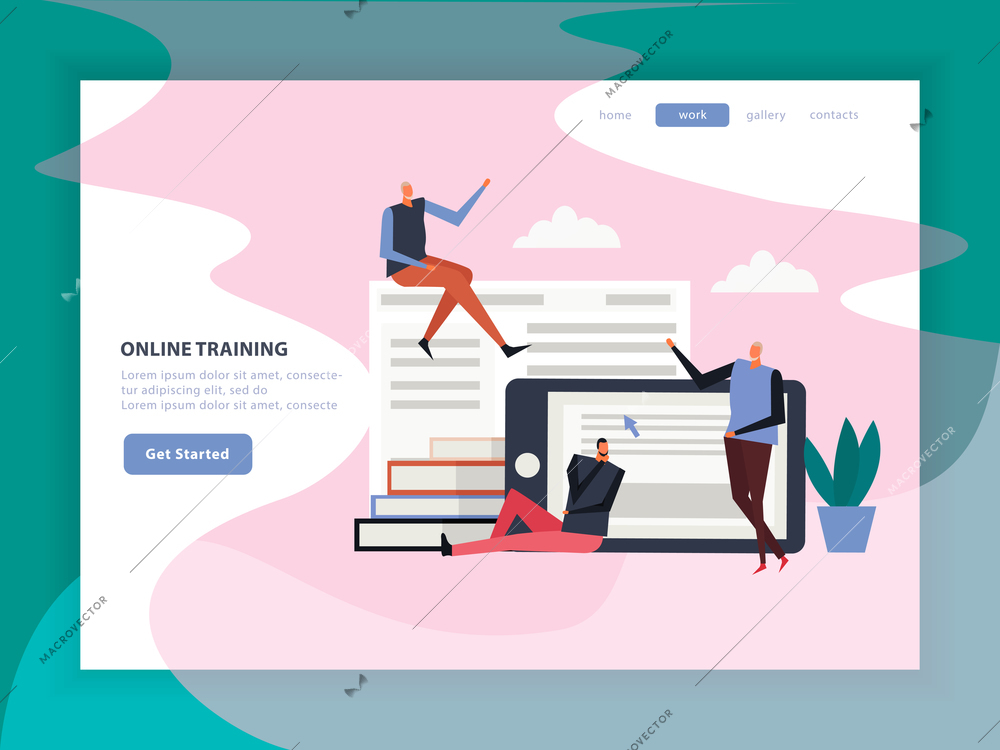 Online training flat landing page with menu, navigation, buttons, mobile device, books, human characters, vector illustration
