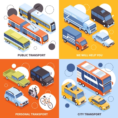 Public transport, city carriers, personal vehicles, trucks for cargo delivery isometric design concept isolated vector illustration