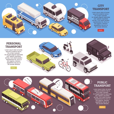 Set of horizontal isometric banners, city carriers, personal vehicles and public transport, isolated vector illustration