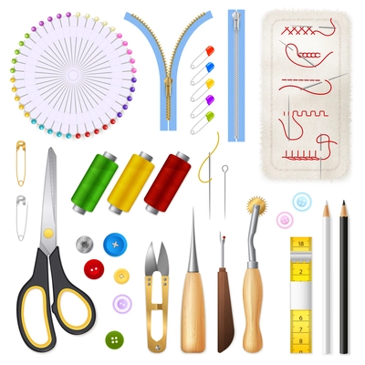 Sewing isolated icons set of centimeter tape zipper scissors buttons needles threads realistic vector illustration