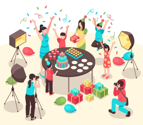 Professional photographers with cameras and lighting facilities during making pictures of kids party isometric vector illustration