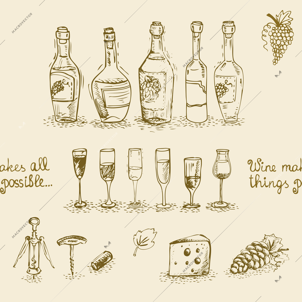 Seamless set of isolated wine bottles and glasses vector illustration