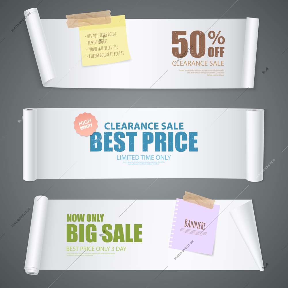 Realistic scroll paper banners on clearance sale theme with best price and limited time only headlines vector illustration