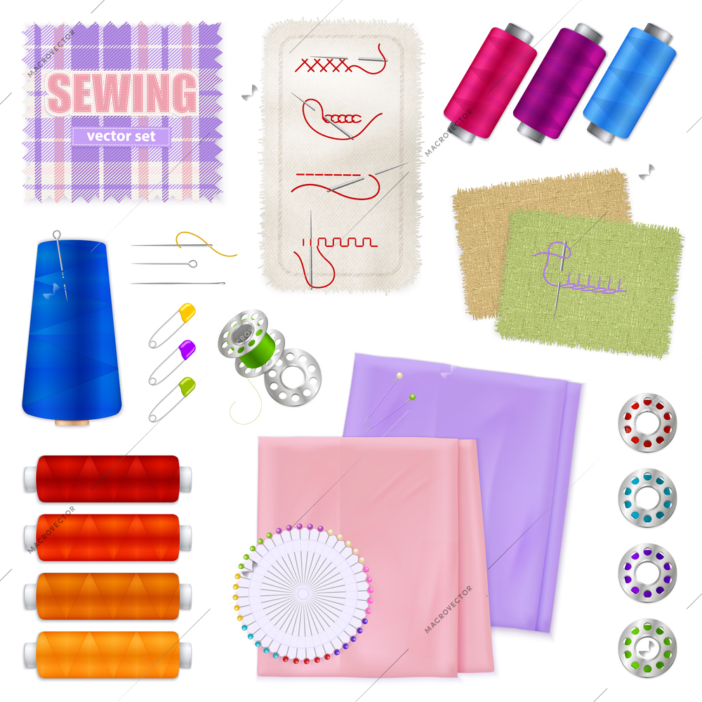 Sewing accessories realistic icons set of textile pieces spools pins seam samples isolated vector illustration