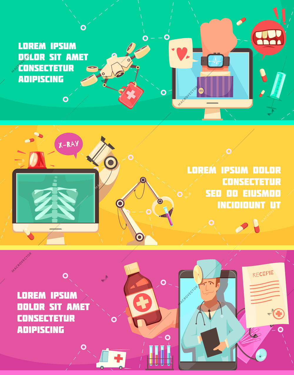 Digital health horizontal colorful banners, medical gadgets, drugs, laboratory equipment, online recipe and consultation isolated vector illustration