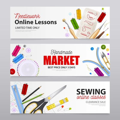 Handmade market realistic banners with advertising of needlework online lessons and sewing online classes vector illustration