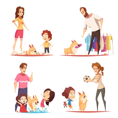 Family with favorite puppy during game, pranks with toilet paper and water, design concept isolated vector illustration