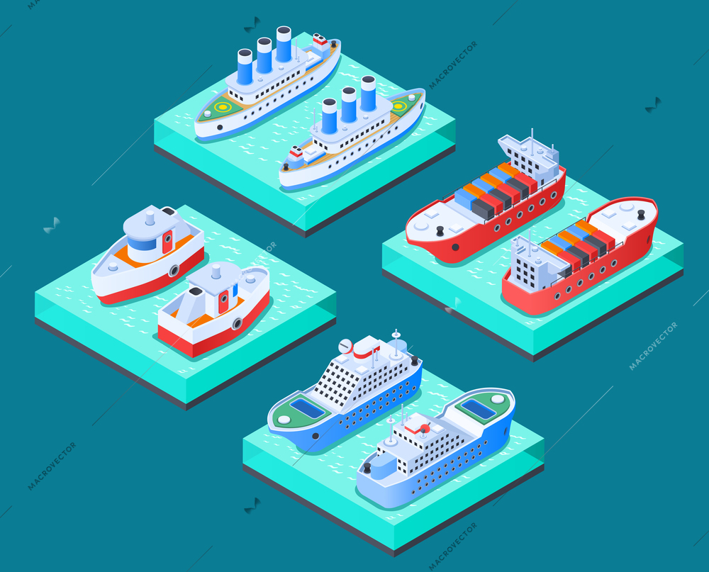 Ships isometric design concept with cargo vessels, cruise crafts, yachts, tow boats, turquoise background isolated vector illustration