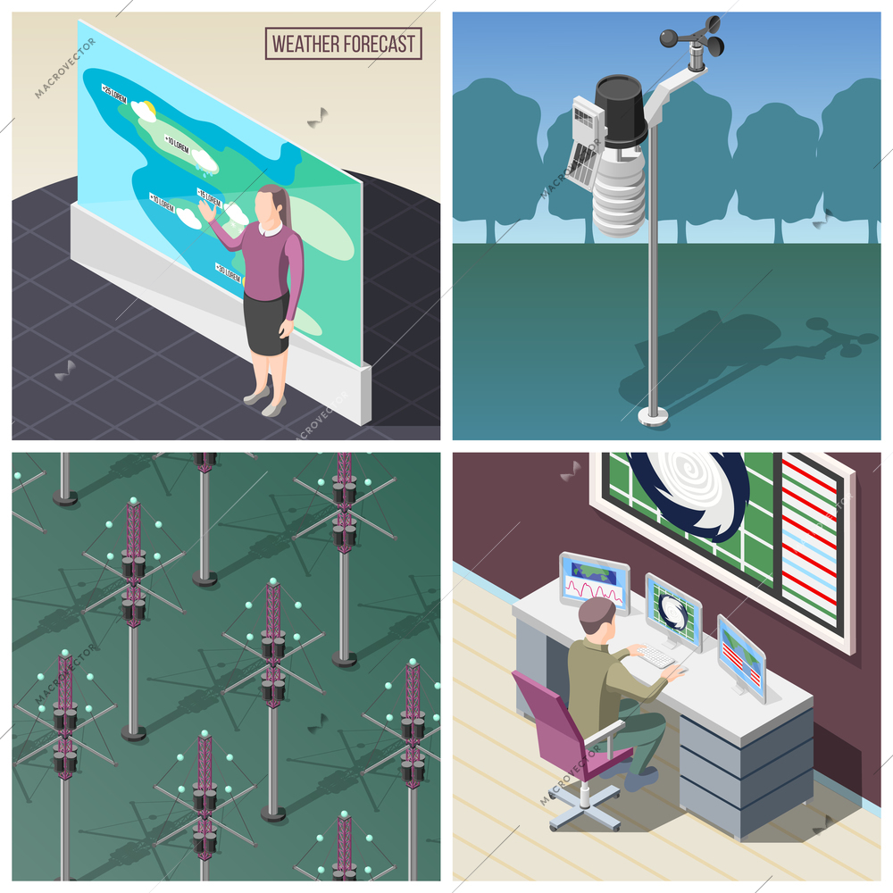 Weather prediction, forecaster at work, wind measurement device, reflectors of radio signals, isometric concept isolated vector illustration