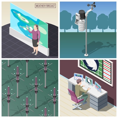 Weather prediction, forecaster at work, wind measurement device, reflectors of radio signals, isometric concept isolated vector illustration