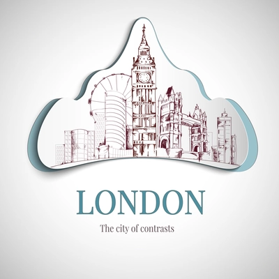 London city of contrast emblem with big ben tower and bridge vector illustration.