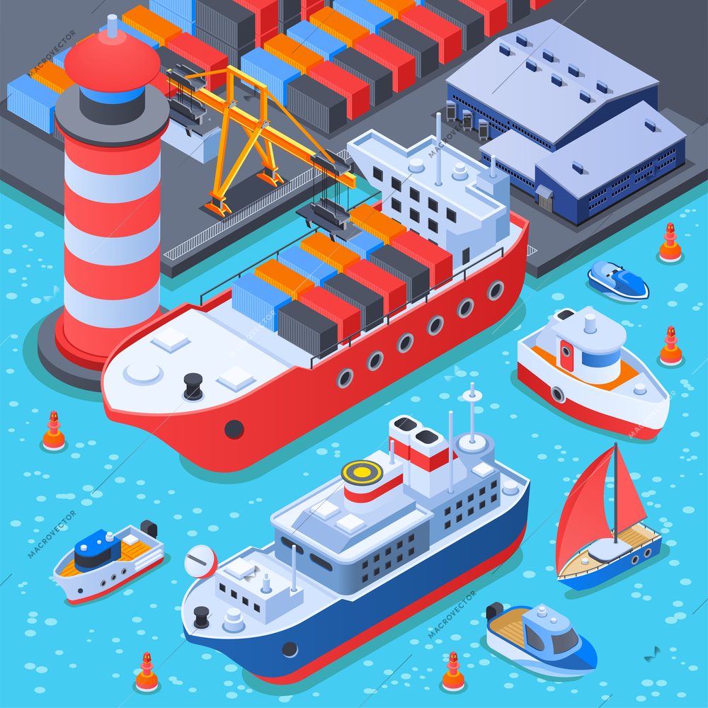 Port with ships isometric composition with dock equipment, depot, cargo vessel, ferry and small boats vector illustration