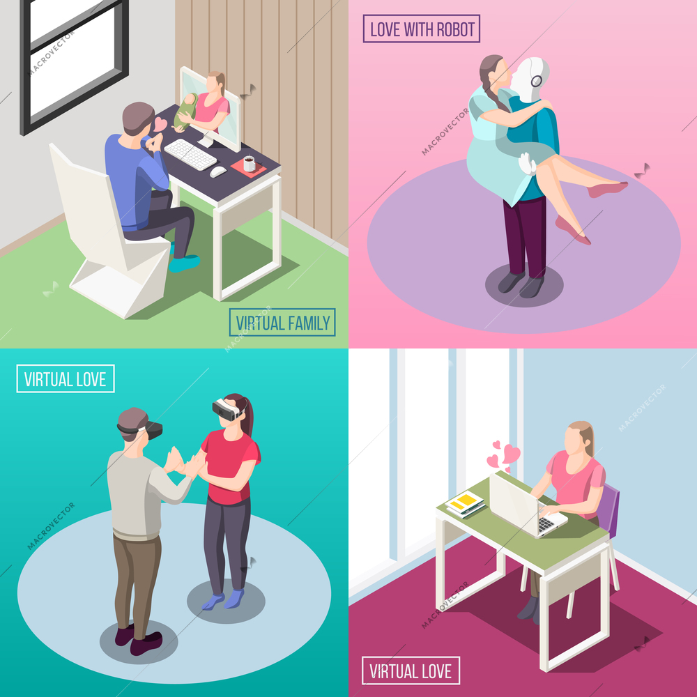 Virtual family, electronic love, human and robot relation, vr romantic date, isometric design concept isolated vector illustration