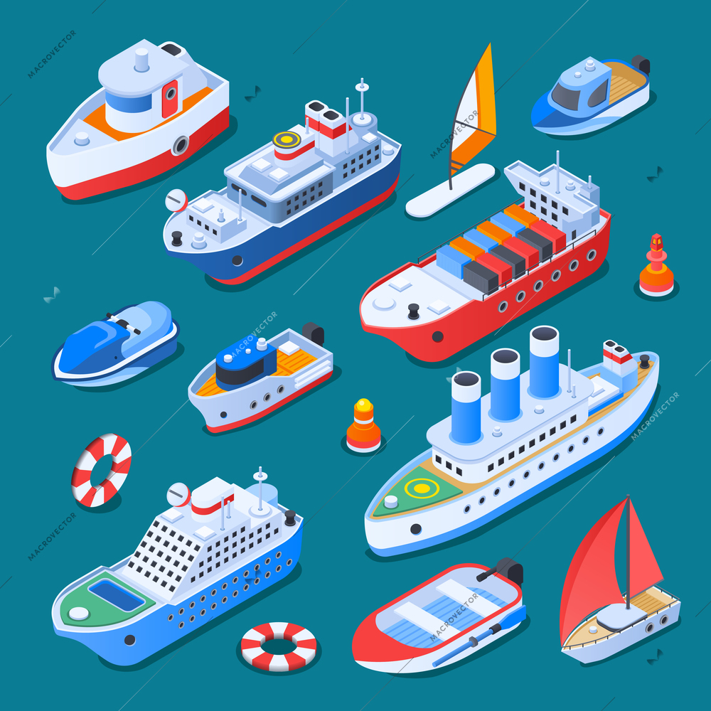 Ships including sail boats, ferry, cruiser, tug, small crafts, isometric icons isolated on turquoise background vector illustration