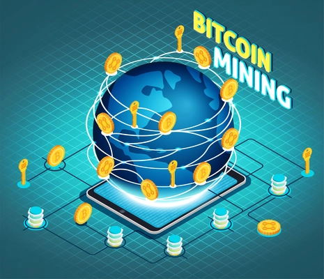 Crypto currency mining isometric composition on turquoise textured background with globe, tablet computer, block chain, vector illustration