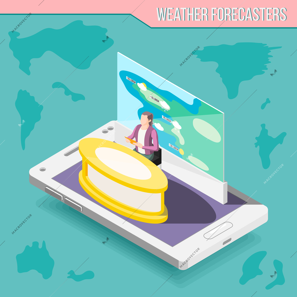 Meteorologist presenter with weather map on mobile device screen isometric composition on turquoise background vector illustration