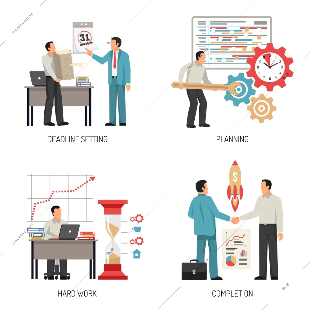 People planning and completing work at office 2x2 design concept isolated on white background flat vector illustration